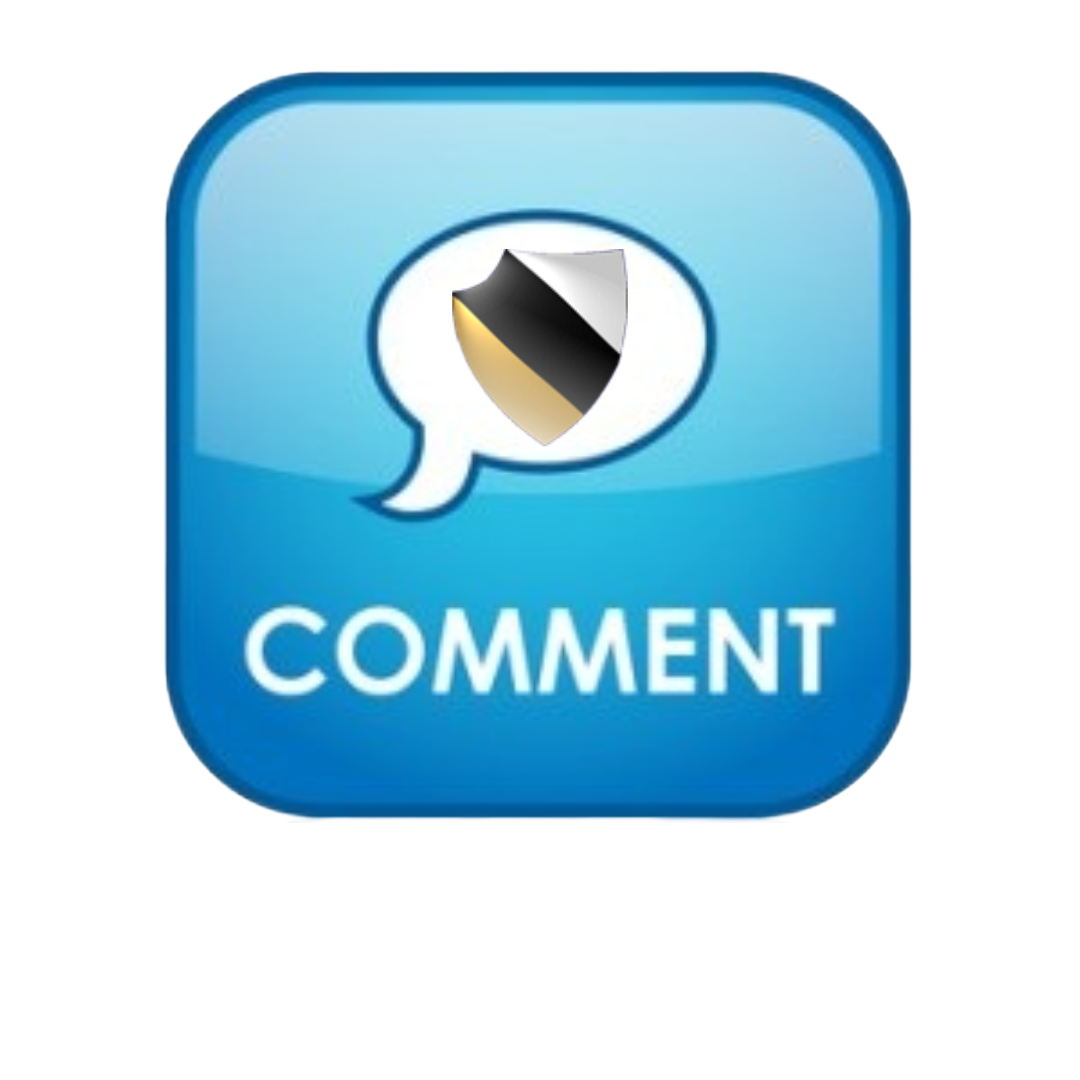 Comment-Logo, quadratisch blau, dunkelblauer Rahmen, mittig weiße Sprechblase mit Grals Wappen im Zentrum