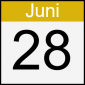 Kalender-Logo: schwarze Ziffern, weißer Grund, Monat oben, weiße Buchstaben, goldener Grund