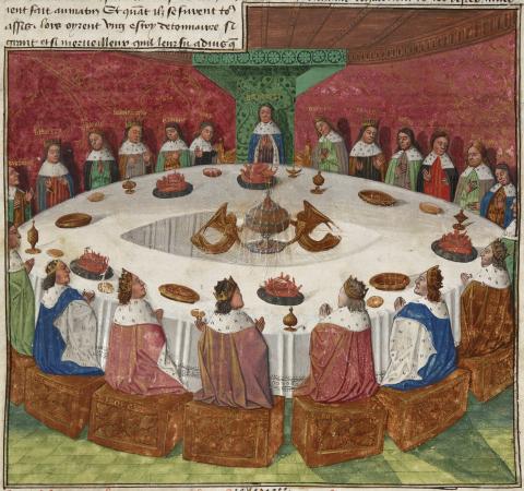König Arthur's Ritter, zum Pfingstfest um die runde Tafel versammelt, haben eine Vision vom Heiligen Grals.