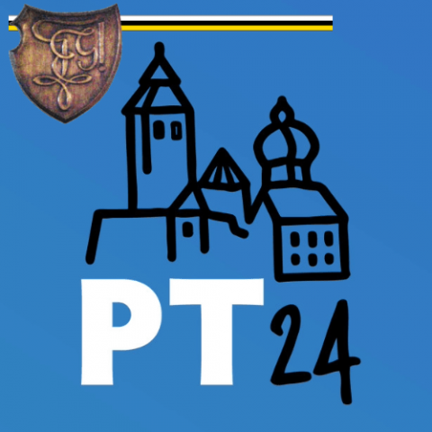 Eisenstadtsilhouette mit PT24, Farben und Schild Grals in WEISS-SCHWARZ-GOLD als Logo