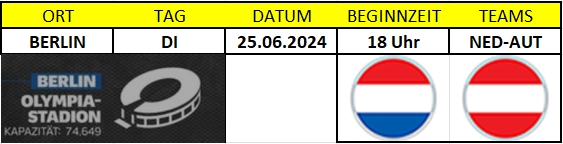 EURO 2024 Spiel NED-AUT mit Stadion Berlin und Datum 25.06.2024 um 18 Uhr 