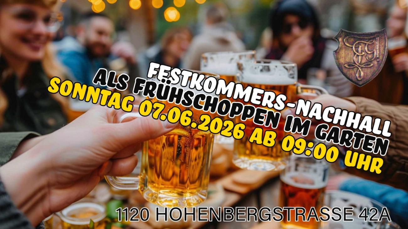3-zeiliger Text, weiss, schwaz, gold weist auf Ort, Datum und Zeit eines Frühschoppens hin. Im Hintergrund sitzen Menschen in einem Biergarten mit