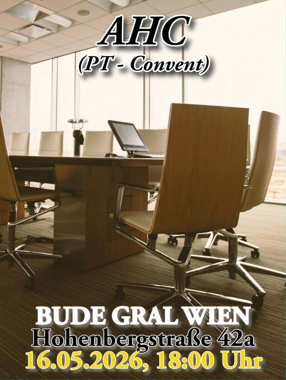 Blick in Konferenzsaal mit Tisch und Sesseln im Text Datum und Ort der Veranstaltung