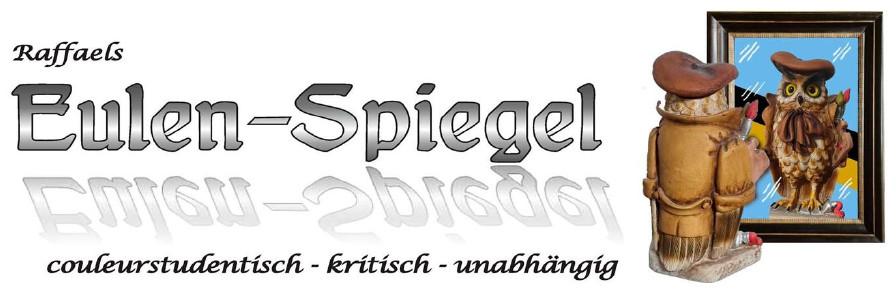 Logo der Zeitschrift "Raffaels Eulen-Spiegel; eine Eule mit Deckel steht vorm Spiegel